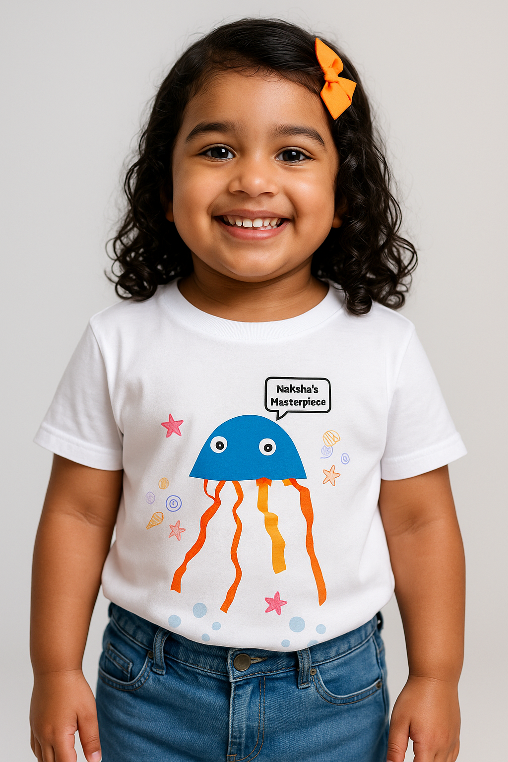 Child wearing personalized Z4Zeebra t-shirt featuring custom jellyfish artwork with name